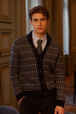 New River Woods Custom fit fancy zuivere scheerwol cardigan navy -