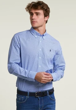 Online River Woods Custom fit fantasiehemd comfort stretch blauw/wit -