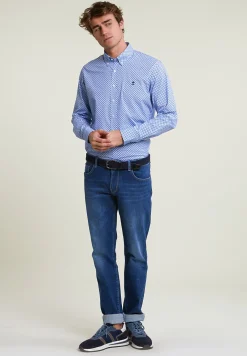 Online River Woods Custom fit fantasiehemd comfort stretch blauw/wit -