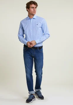 Best River Woods Custom fit gebloemde comfort stretch hemd blauw/wit -