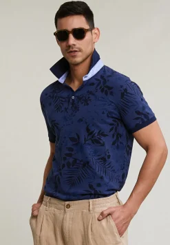 Best River Woods Custom fit gebloemde stretch polo blauw -