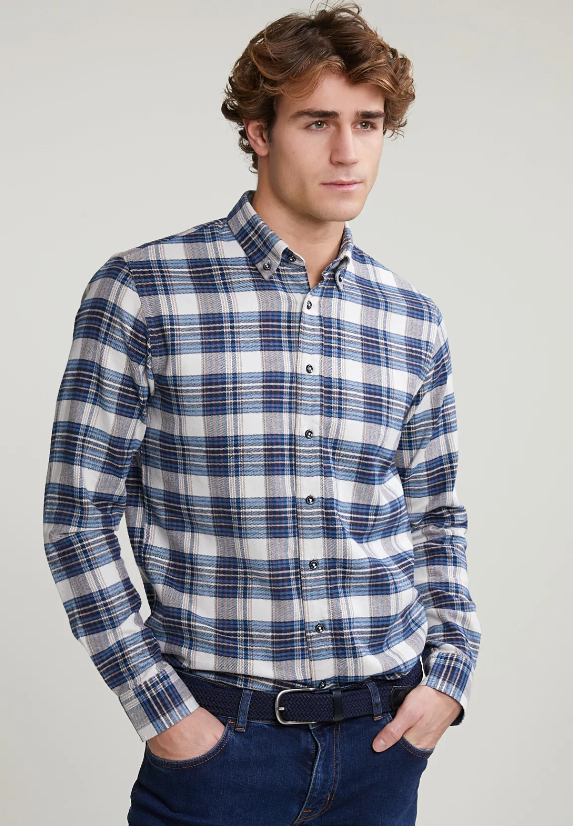 New River Woods Custom fit geruit hemd blauw/beige -