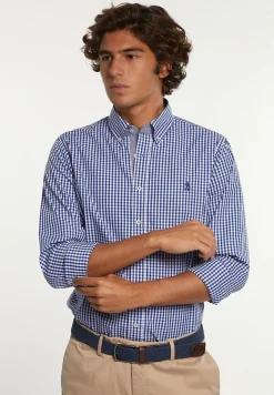 Outlet River Woods Custom fit geruit hemd blauw/wit -
