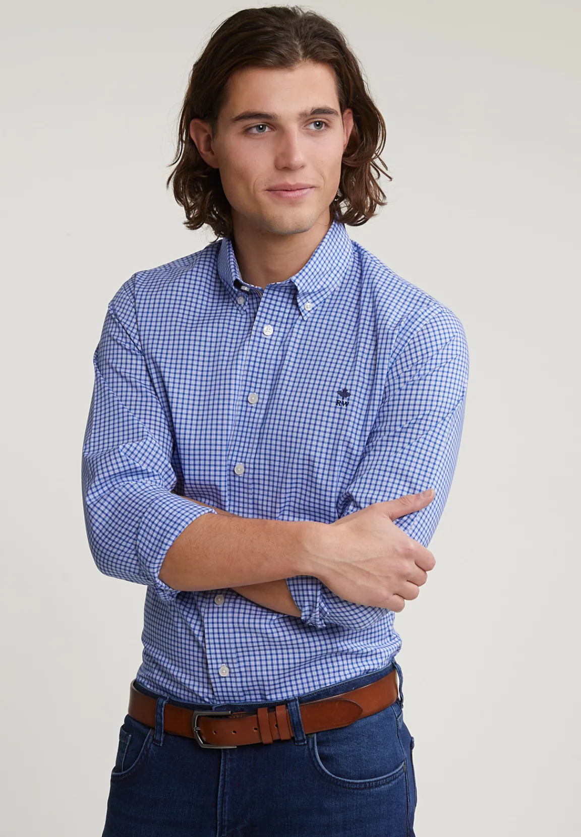 Clearance River Woods Custom fit geruit hemd blauw/wit -