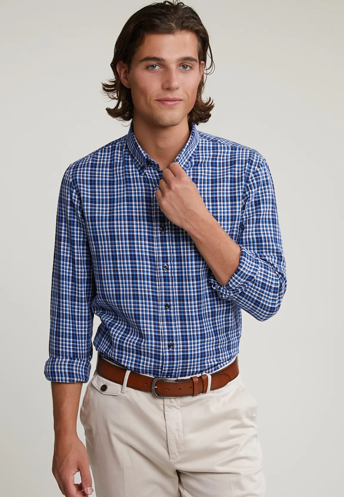 Discount River Woods Custom fit geruit hemd blauw/wit -