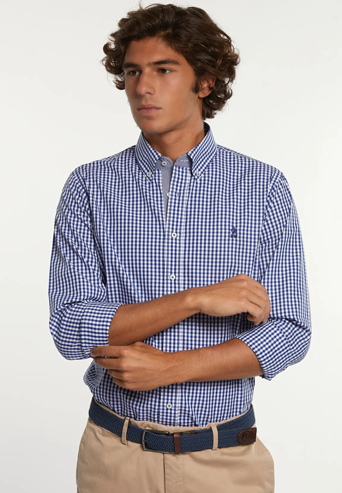 Outlet River Woods Custom fit geruit hemd blauw/wit -