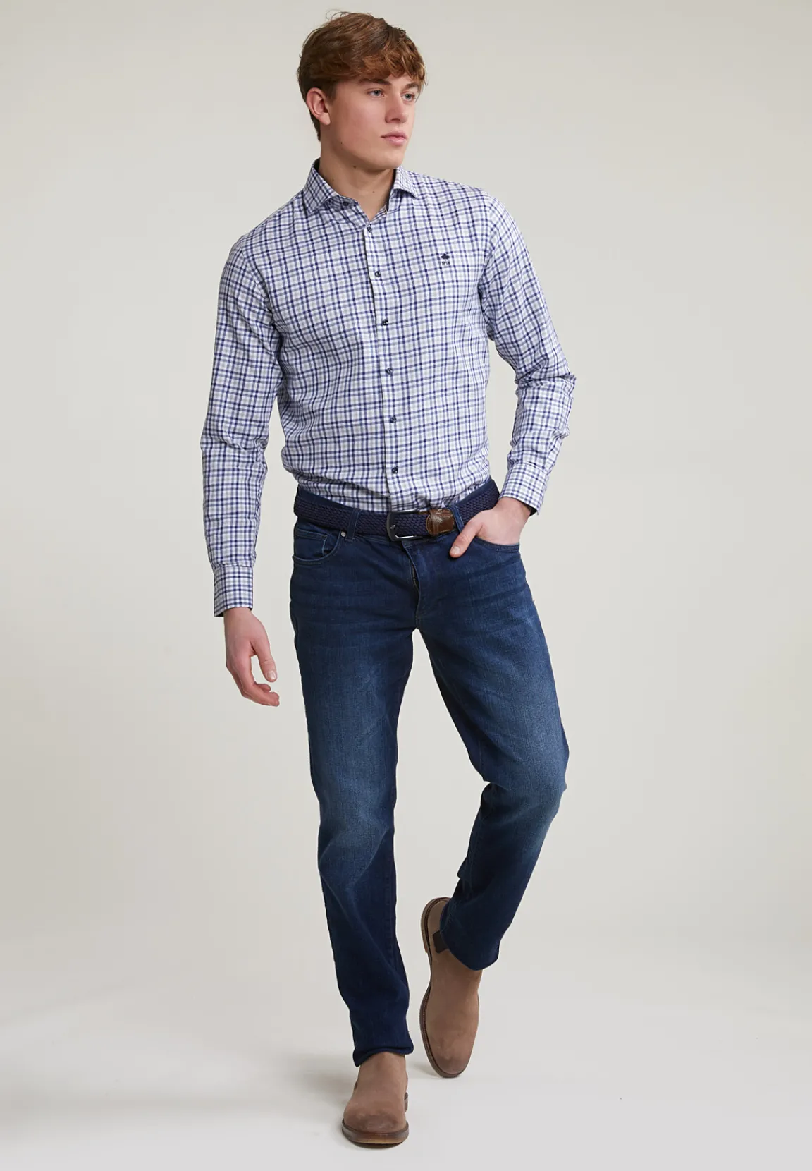 Hot River Woods Custom fit geruit hemd blauw/beige -