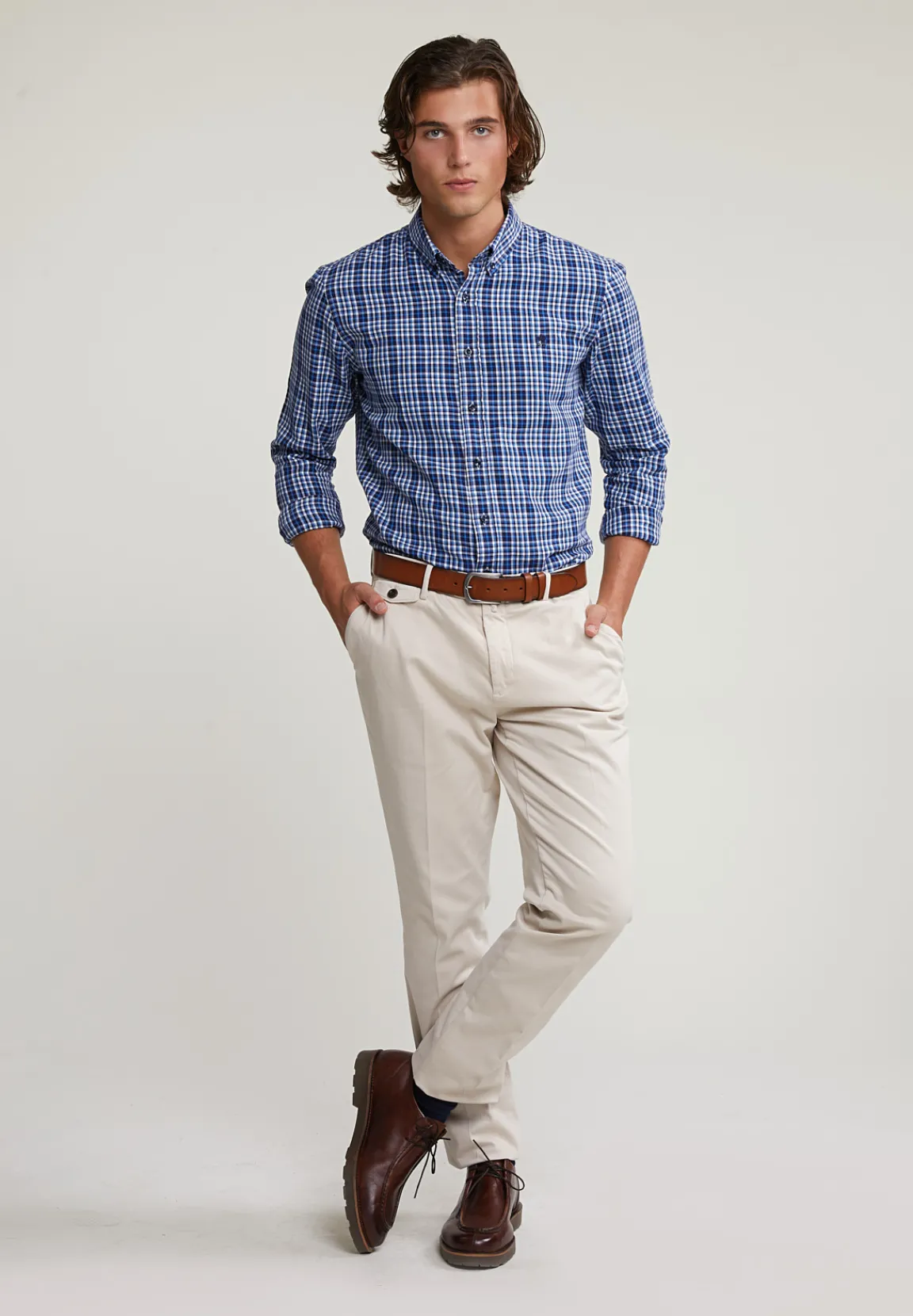 Discount River Woods Custom fit geruit hemd blauw/wit -