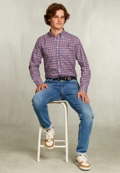Outlet River Woods Custom fit geruit hemd blauw/roze -
