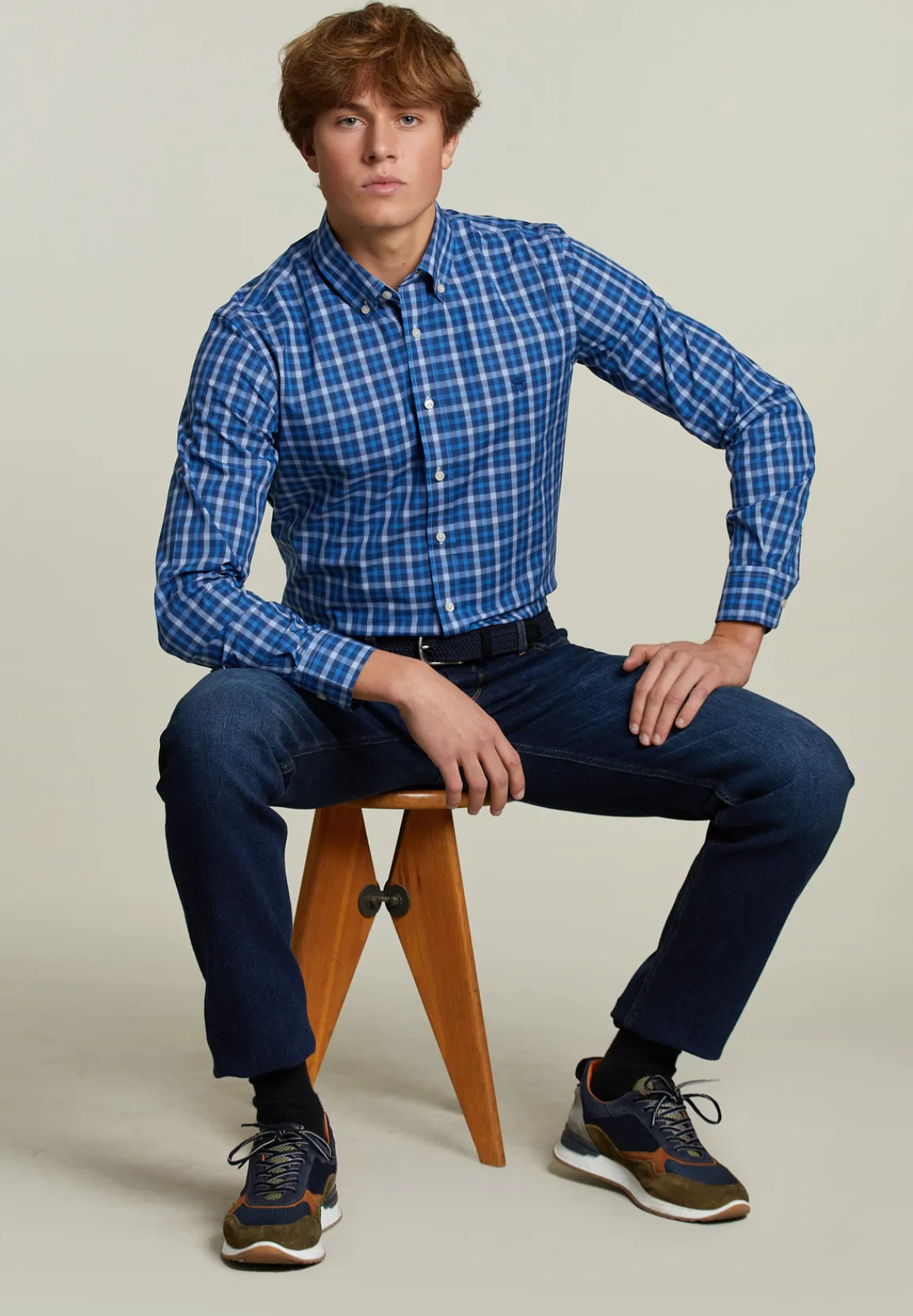 Outlet River Woods Custom fit geruit hemd blauw/wit -