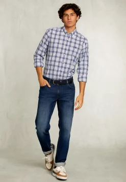 Outlet River Woods Custom fit geruit hemd blauw/wit -