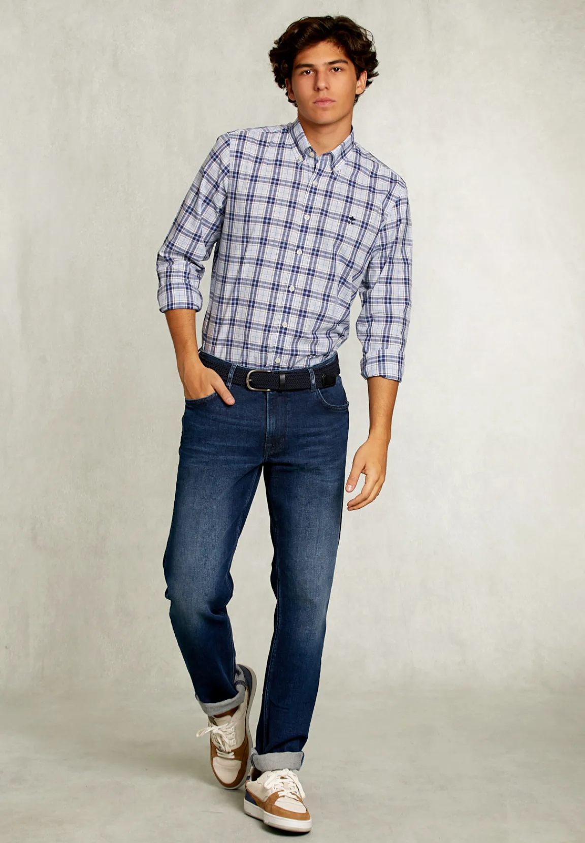 Outlet River Woods Custom fit geruit hemd blauw/wit -