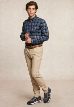 Outlet River Woods Custom fit geruit hemd blauw/grijs -