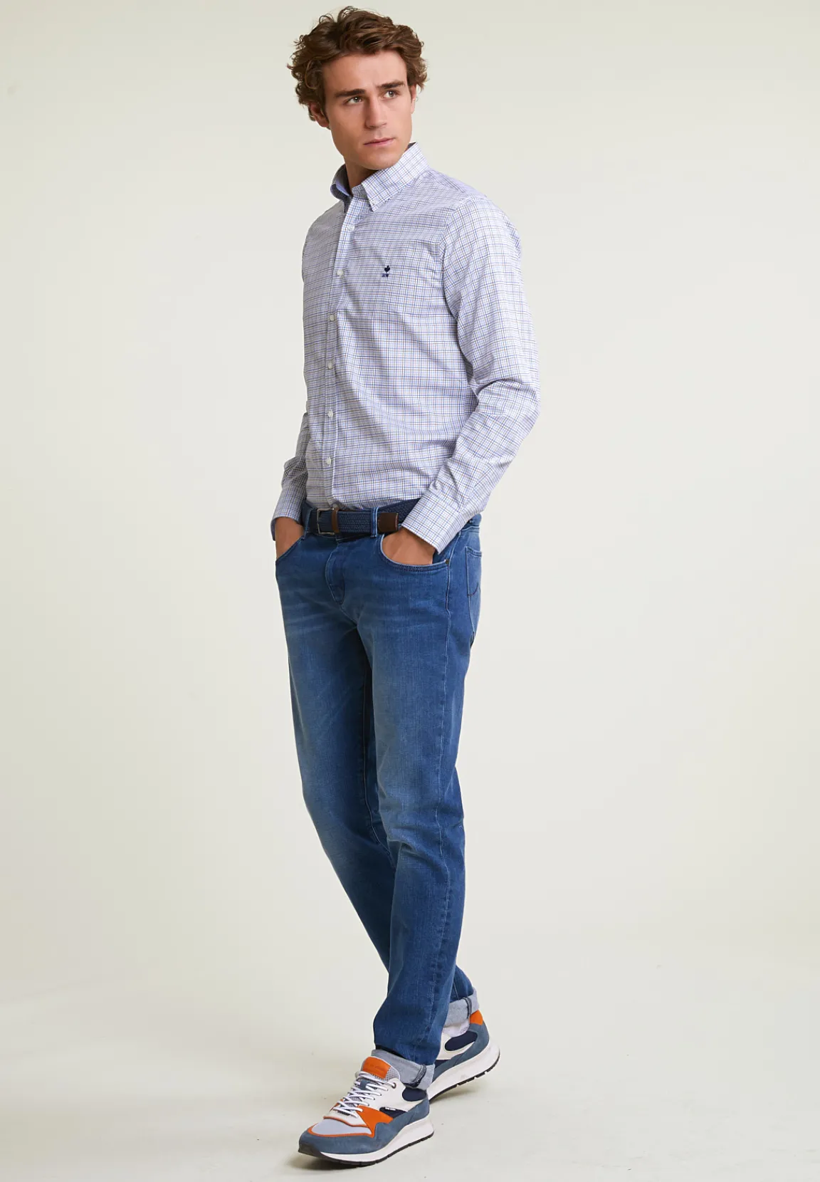 Best River Woods Custom fit geruit hemd blauw/beige -