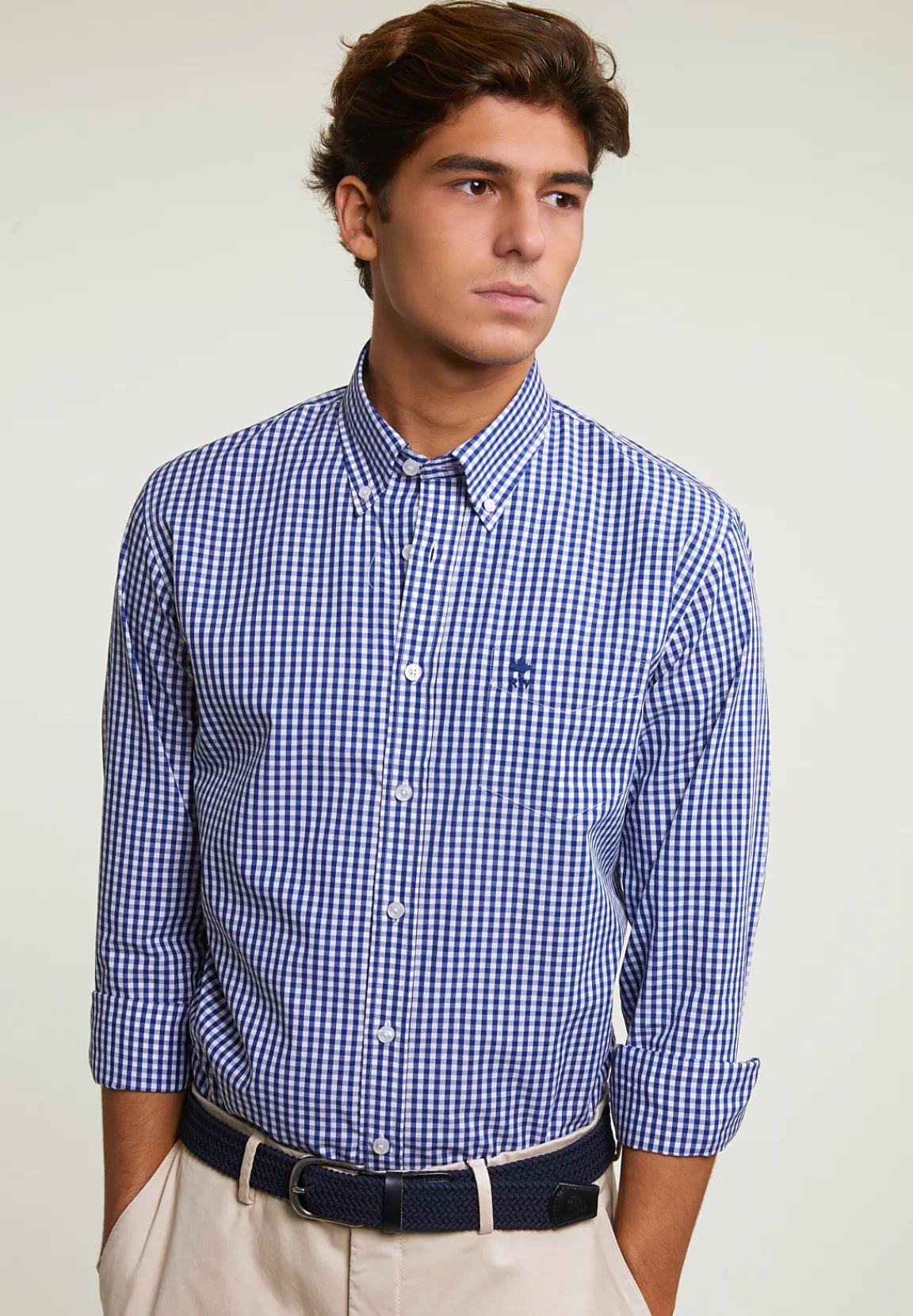 Outlet River Woods Custom fit geruit hemd borstzak blauw/wit -