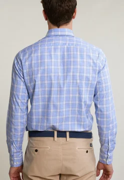 Clearance River Woods Custom fit geruit hemd borstzak beige/blauw -