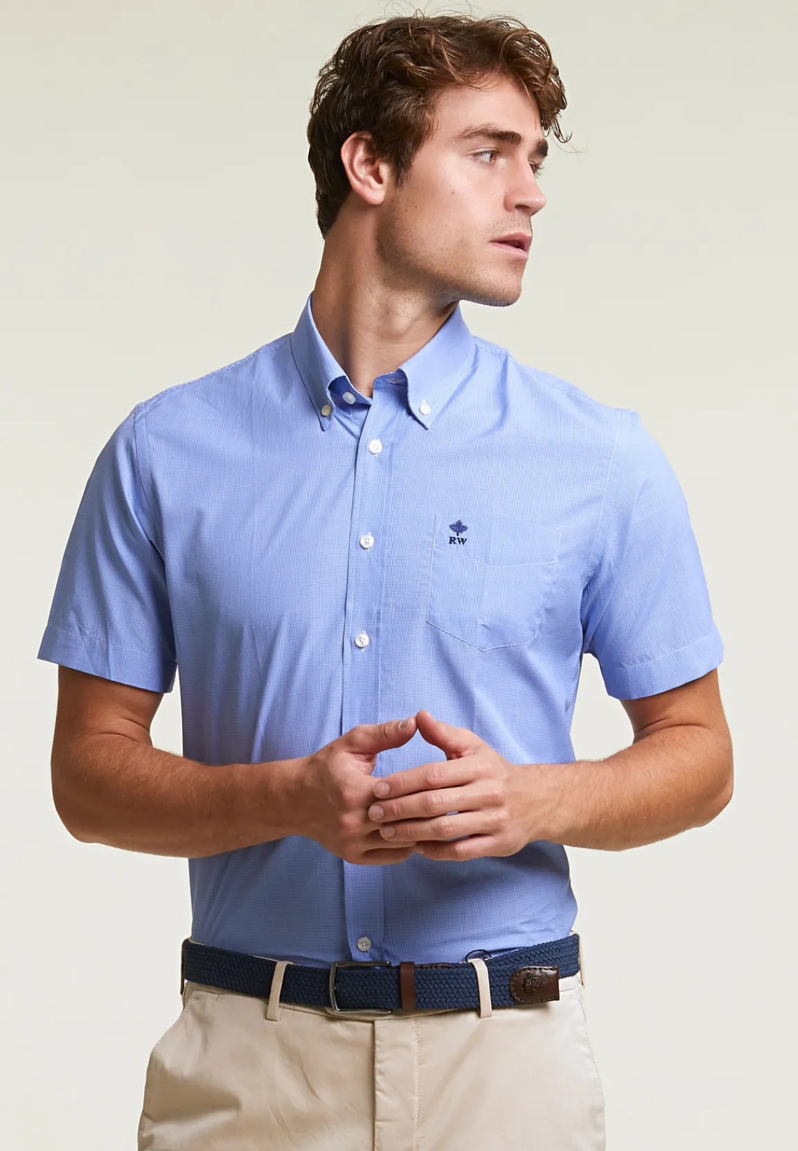 Best River Woods Custom fit geruit hemd korte mouwen blauw/wit -