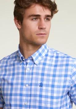 Online River Woods Custom fit geruit hemd korte mouwen blauw/wit -