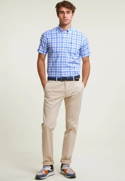 Online River Woods Custom fit geruit hemd korte mouwen blauw/wit -