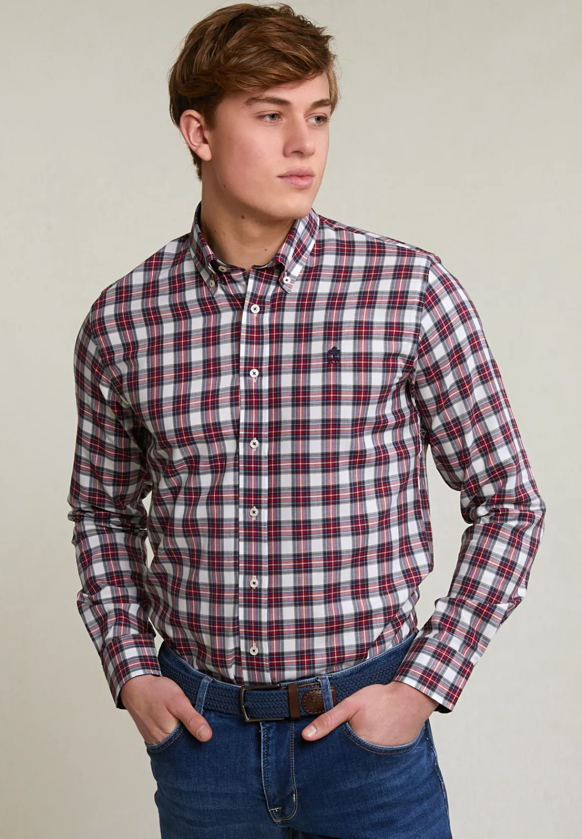 Online River Woods Custom fit geruit hemd rood/beige -