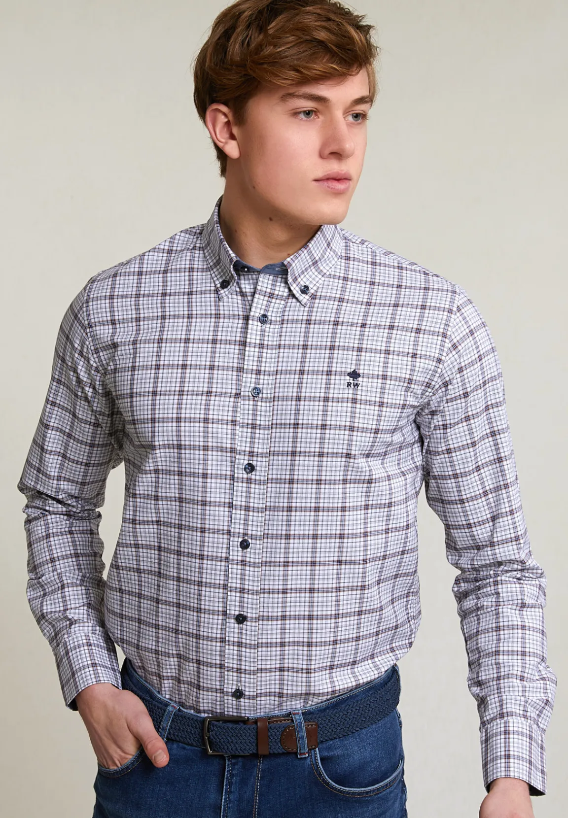 Discount River Woods Custom fit geruit hemd wit/bruin -