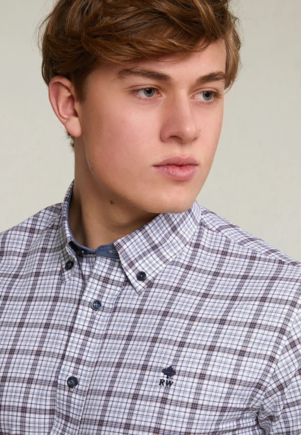Discount River Woods Custom fit geruit hemd wit/bruin -