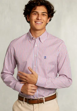 Hot River Woods Custom fit gestreept hemd met zak blauw/rood -
