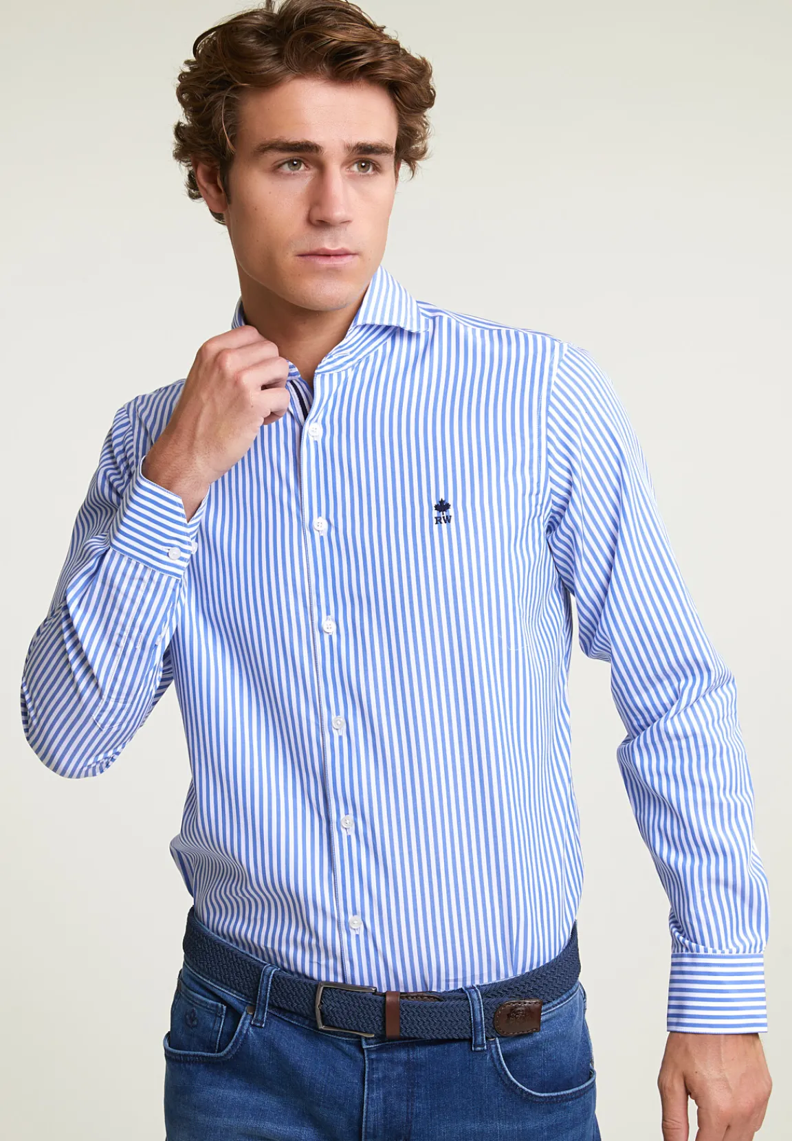 Outlet River Woods Custom fit gestreept hemd blauw/wit -