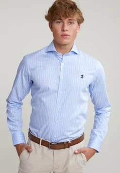 Outlet River Woods Custom fit gestreept hemd blauw/wit -