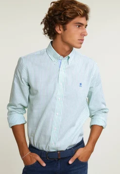 New River Woods Custom fit gestreept katoenen hemd groen/wit -