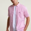 Best River Woods Custom fit gestreept performance stretch hemd korte mouwen roze/wit -