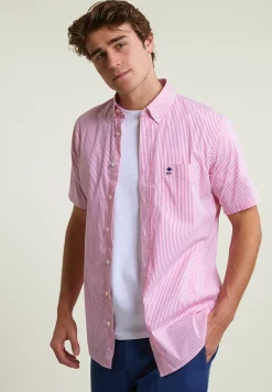 Best River Woods Custom fit gestreept performance stretch hemd korte mouwen roze/wit -