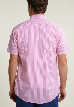 Best River Woods Custom fit gestreept performance stretch hemd korte mouwen roze/wit -