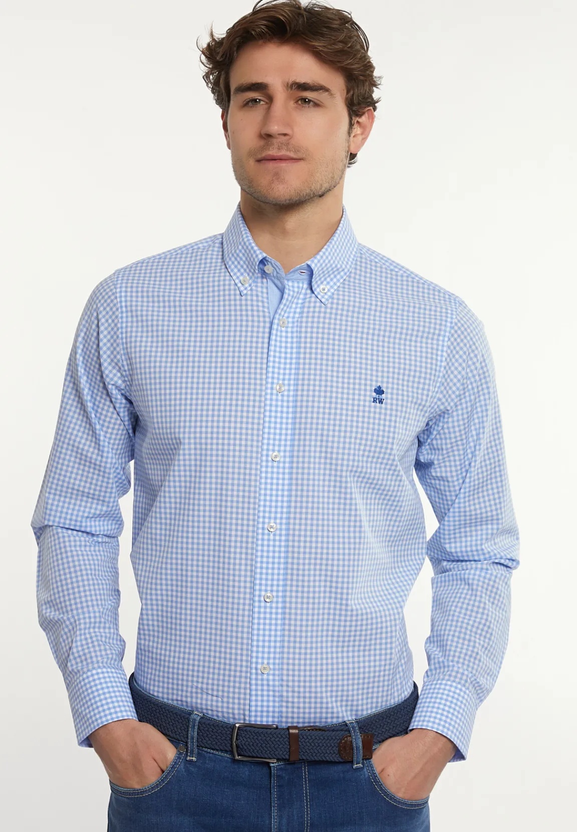 Clearance River Woods Custom fit katoenen geruit hemd wit-blauw -