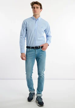Sale River Woods Custom fit katoenen geruit hemd wit en blauw -