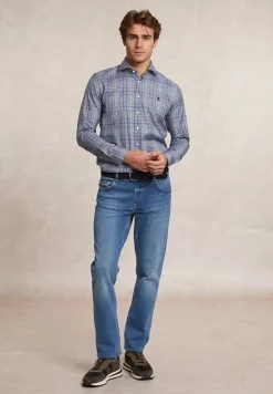 Discount River Woods Custom fit katoenen geruit hemd blauw/grijs -