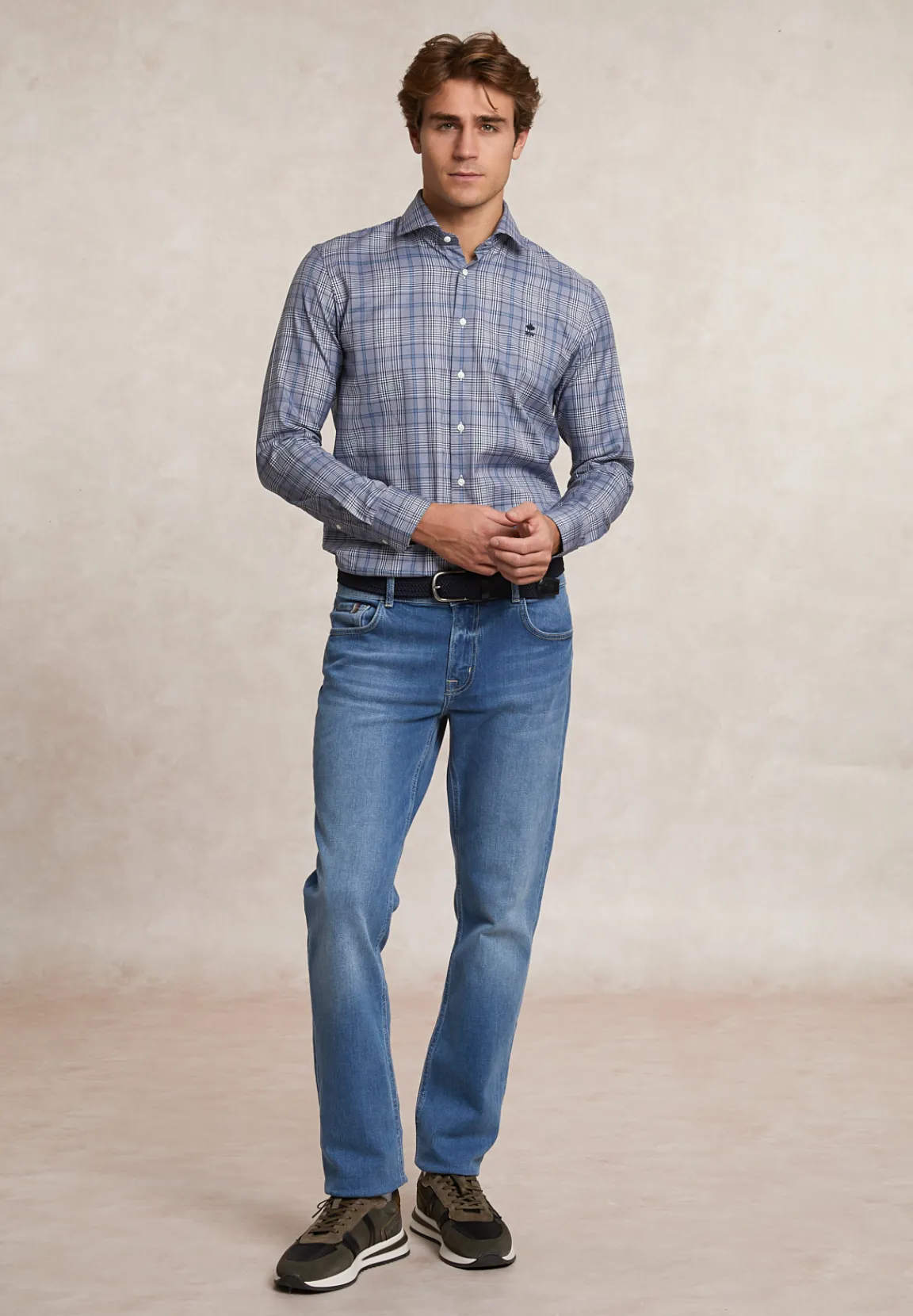 Discount River Woods Custom fit katoenen geruit hemd blauw/grijs -