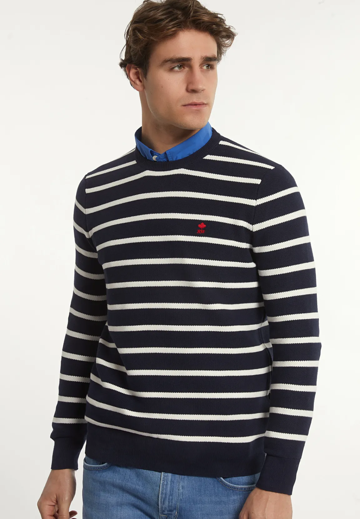 Discount River Woods Custom fit katoenen gestreepte trui navy/wit -