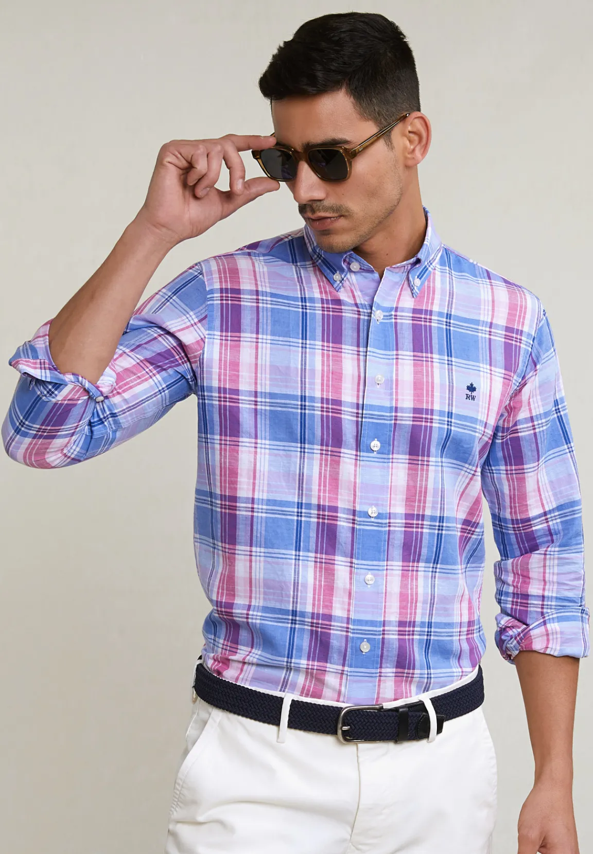 Outlet River Woods Custom fit katoen-linnen geruit hemd blauw/roze -