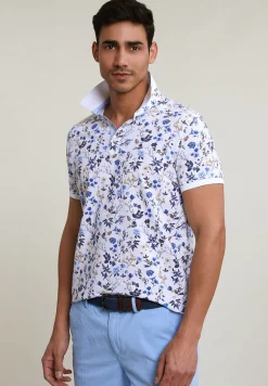 Fashion River Woods Custom fit katoen-linnen gebloemde polo wit -