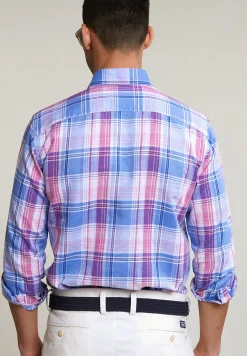 Outlet River Woods Custom fit katoen-linnen geruit hemd blauw/roze -