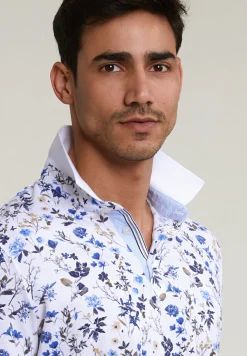 Fashion River Woods Custom fit katoen-linnen gebloemde polo wit -