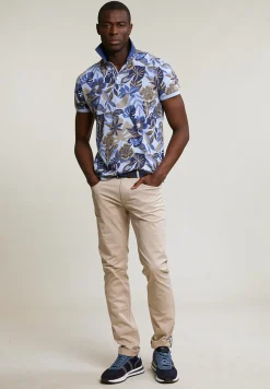 New River Woods Custom fit katoen-linnen gebloemde polo sky mix -