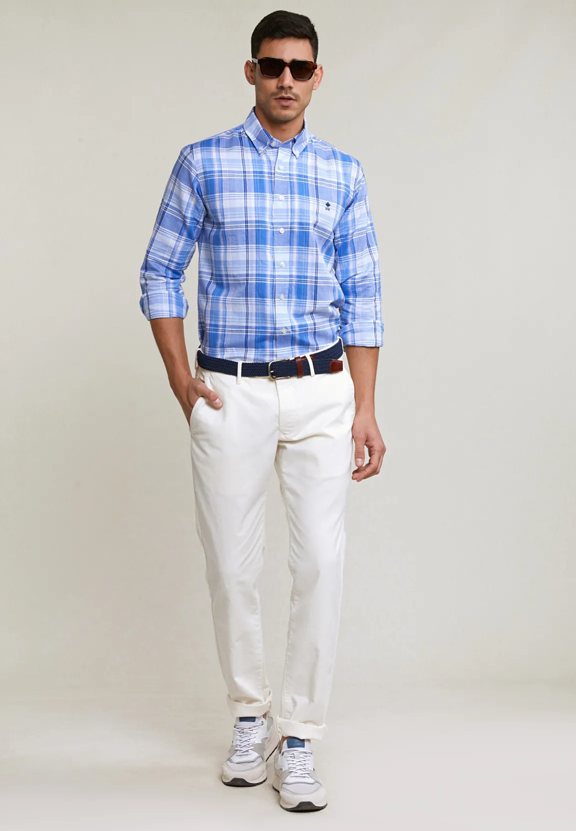 Hot River Woods Custom fit katoen-linnen geruit hemd blauw/wit -