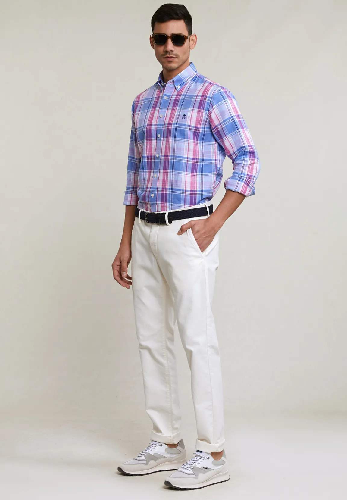 Outlet River Woods Custom fit katoen-linnen geruit hemd blauw/roze -