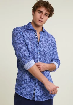 Hot River Woods Custom fit linnen gebloemd hemd blauw -