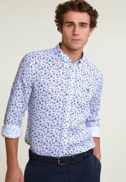 Fashion River Woods Custom fit linnen gebloemd hemd blauw/wit -