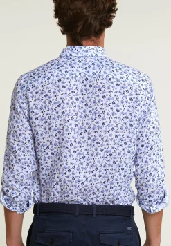 Fashion River Woods Custom fit linnen gebloemd hemd blauw/wit -