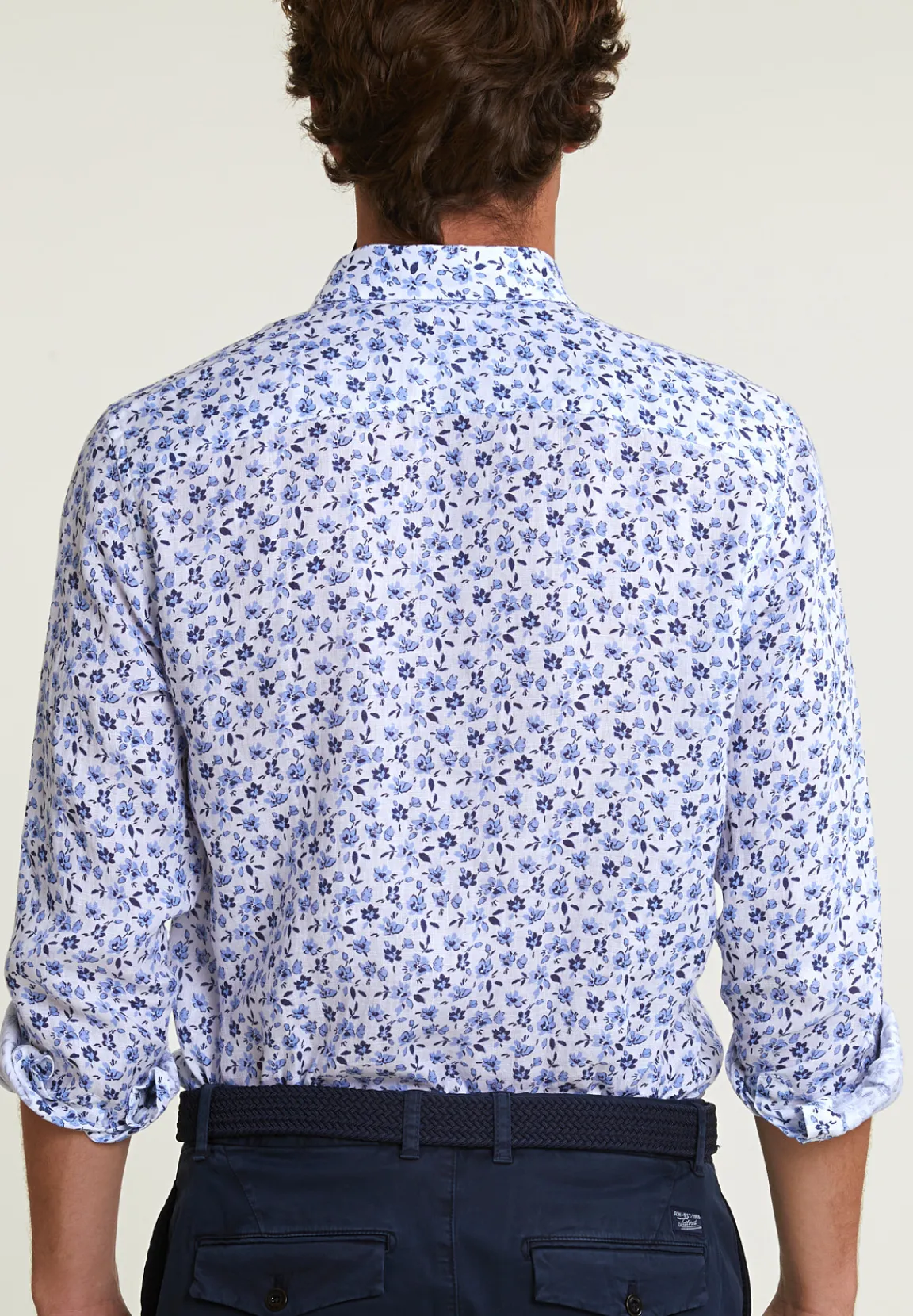 Fashion River Woods Custom fit linnen gebloemd hemd blauw/wit -