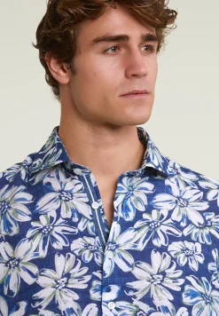 Hot River Woods Custom fit linnen gebloemd hemd blauw/groen -